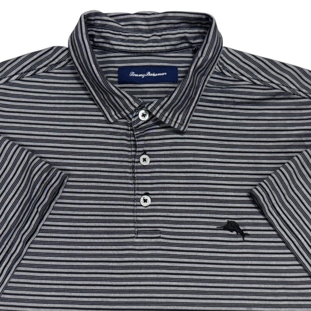 Tommy Bahama Marlin Polo Shirt Mens XL Grey Black Striped Pima Cotton Blend